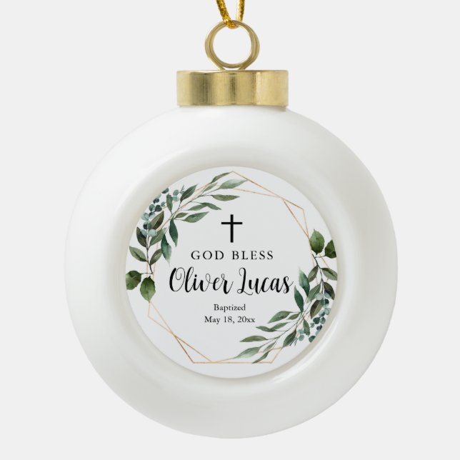 Watercolor Greenery Baptism Ceramic Ball Ornament (Front)