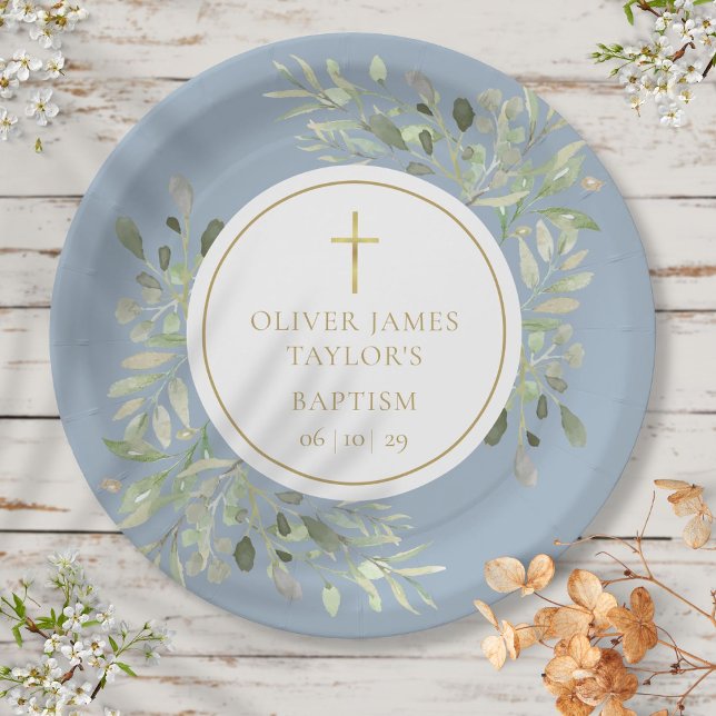 Watercolor Greenery Baptism Christening Blue Paper Plate (Creator Uploaded)