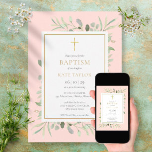 Watercolor Greenery Baptism Christening Blush Pink Invitation