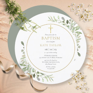 Watercolor Greenery Baptism Christening Circular Invitation