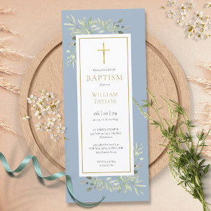 Watercolor Greenery Baptism Christening Dusty Blue Invitation