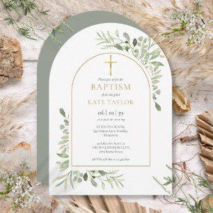 Watercolor Greenery Baptism Christening Gold Arch Invitation