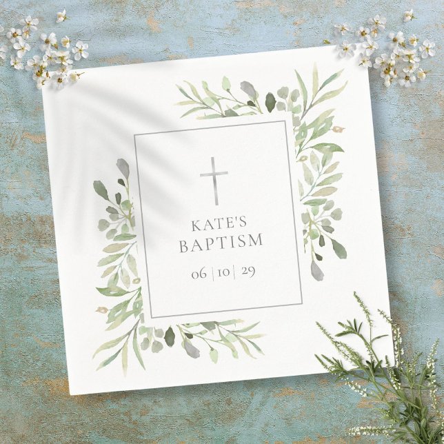 Watercolor Greenery Baptism Christening Napkin (Watercolor Greenery Baptism Christening Napkins)