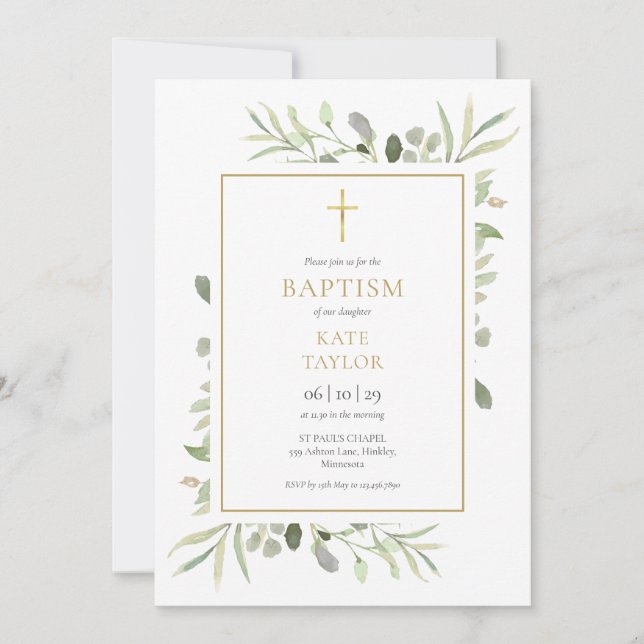 Watercolor Greenery Baptism Christening QR Code Invitation (Front)