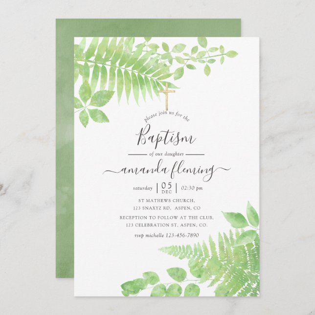 Watercolor Greenery Baptism Invitation (Front/Back)