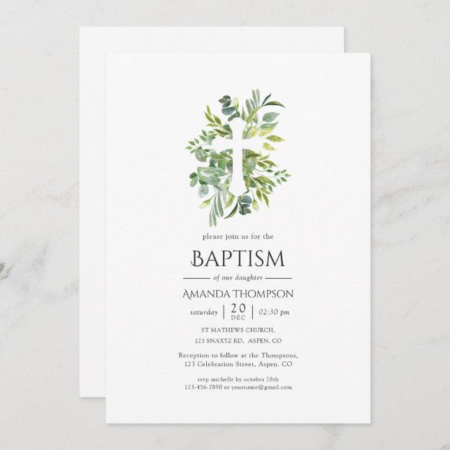 Watercolor Greenery Baptism or Christening Invitation (Front/Back)