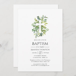 Watercolor Greenery Baptism or Christening Invitation