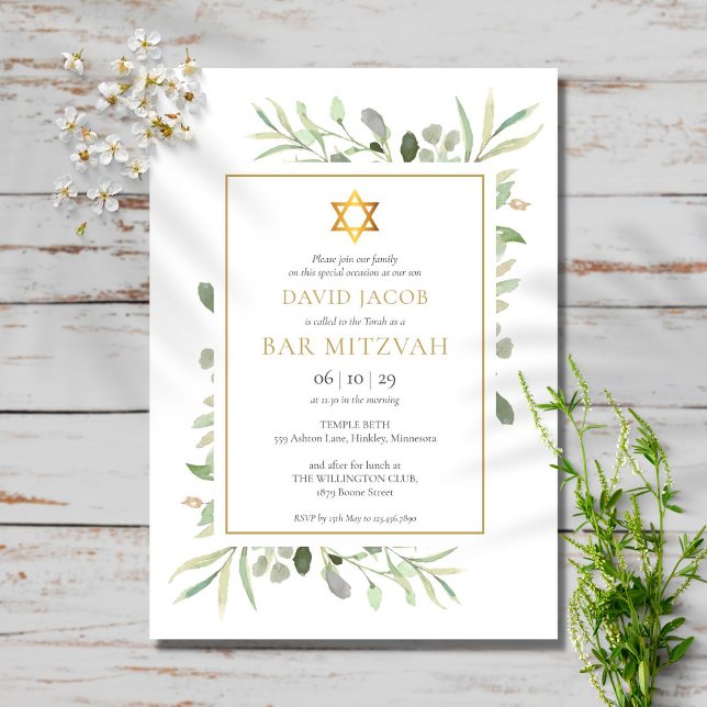 Watercolor Greenery Bar Mitzvah Bat Mitzvah Invitation (Creator Uploaded)