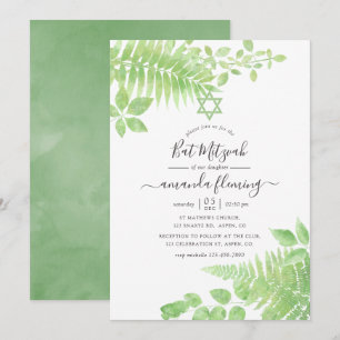 Watercolor Greenery Bat Mitzvah Invitation