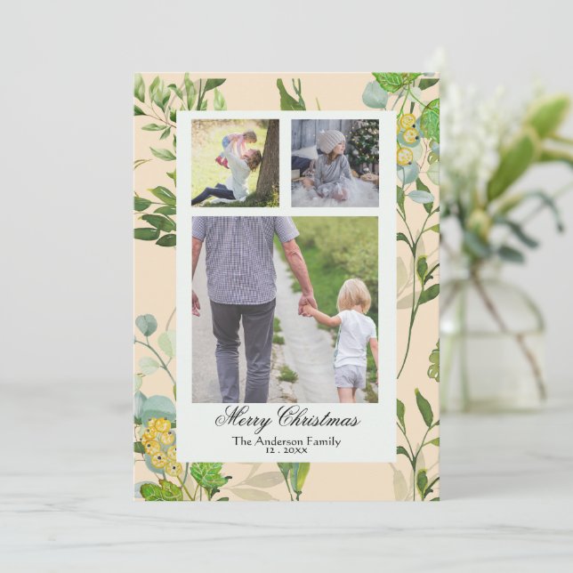 Watercolor Greenery & berries 3 Photo Christmas Holiday Card (Standing Front)