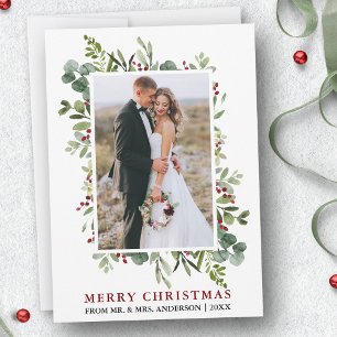 Watercolor Greenery Berries Christmas Newlywed Holiday Card