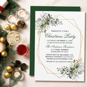 Watercolor Greenery Berries Gold Christmas Party Invitation