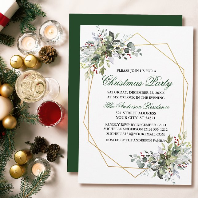 Watercolor Greenery Berries Gold Christmas Party Invitation (Customize to change text color, size, style or to change color of back of card.)