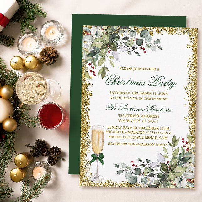 Watercolor Greenery Berries Gold Christmas Party Invitation (Customize to change text color, size, style or to change color of back of card.)