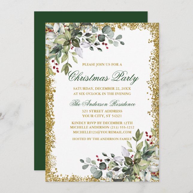 Watercolor Greenery Berries Gold Glitter Christmas Invitation (Front/Back)
