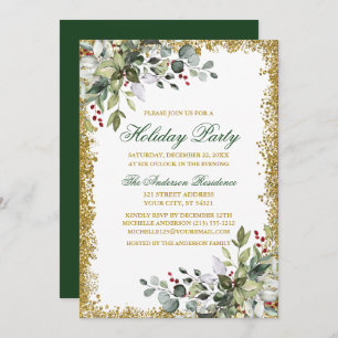 Watercolor Greenery Berries Gold Glitter Holiday  Invitation