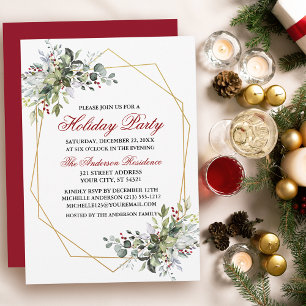 Watercolor Greenery Berries Holiday Party Red Invitation