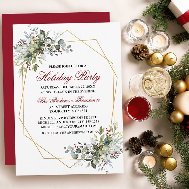 Watercolor Greenery Berries Holiday Party Red Invitation (Customize to change text color, size, style or to change color of back of card.)