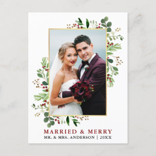 Watercolor Greenery Berries Married & Merry Gold Postcard