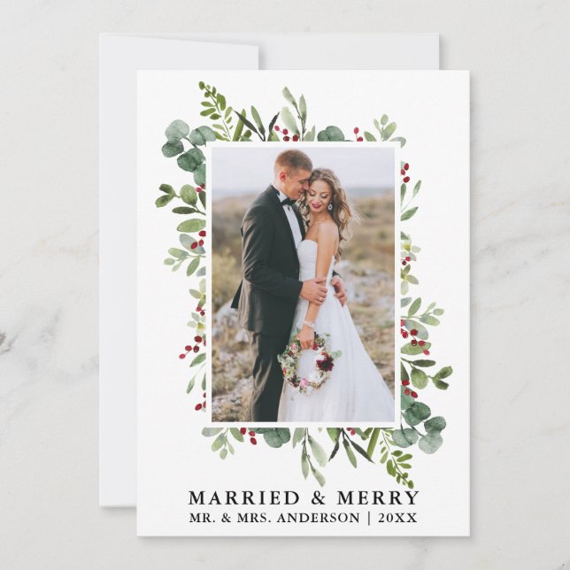 Watercolor Greenery Berries Married & Merry Holiday Card (Front)