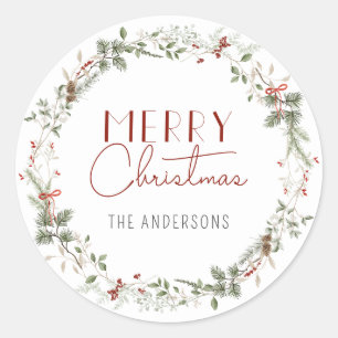 Watercolor Greenery Berries Merry Christmas Wreath Classic Round Sticker