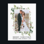 Watercolor Greenery Berries Newlywed Christmas Postcard<br><div class="desc">Elegant Watercolor Winter Greenery Merry Christmas Wedding Photo Newlywed Holiday Postcard includes eucalyptus leaves and red holly berries.</div>