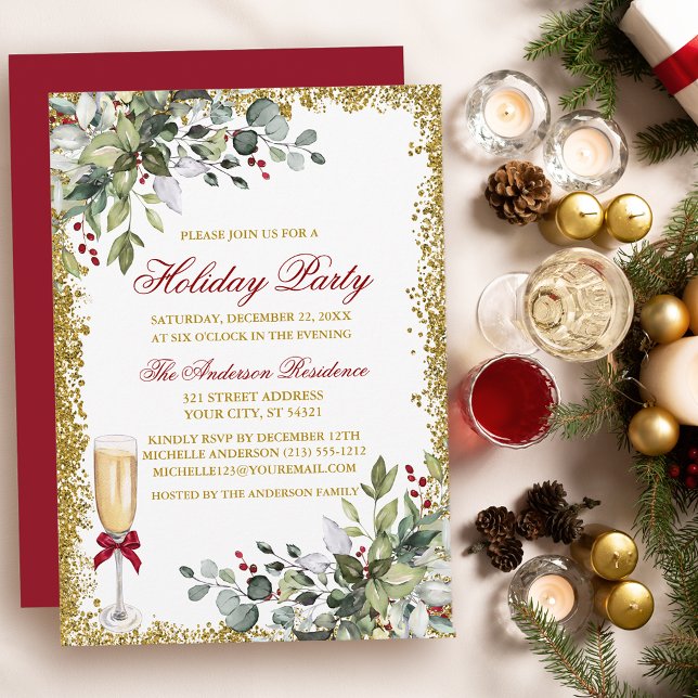 Watercolor Greenery Berries Red Holiday Party  Invitation (Customize to change text color, size, style or to change color of back of card.)