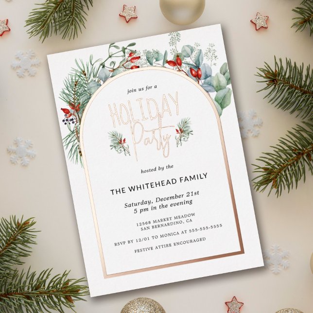 Watercolor Greenery Berry Christmas Party (You will love these beautiful Holiday Party invitation! They feature botanical watercolor arch.)