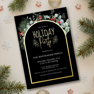 Watercolor Greenery Berry Christmas Party Black