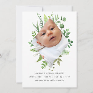 Watercolor Greenery Birth Announcement Photo Card