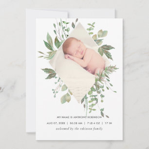Watercolor Greenery Birth Announcement Photo Card