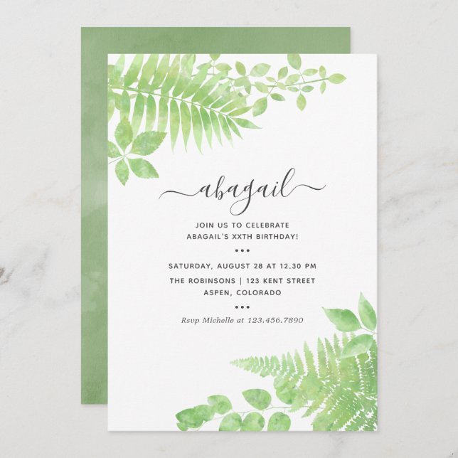 Watercolor Greenery Birthday Invitation (Front/Back)