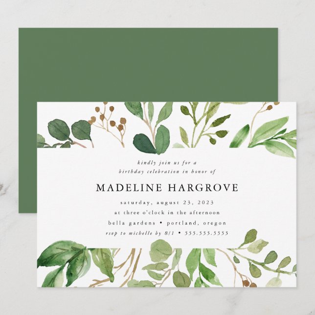Watercolor Greenery | Birthday Party Invitation (Front/Back)