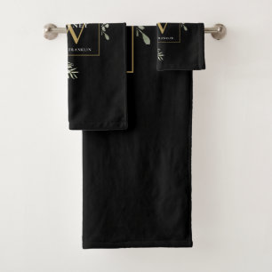 Watercolor Greenery Black Gold Monogram Name Bath  Bath Towel Set