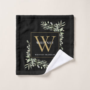 Watercolor Greenery Black Gold Monogram Name Bath  Towel Set