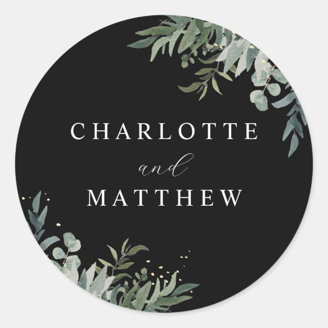 Watercolor Greenery | Black Wedding Envelope Seal (Front)