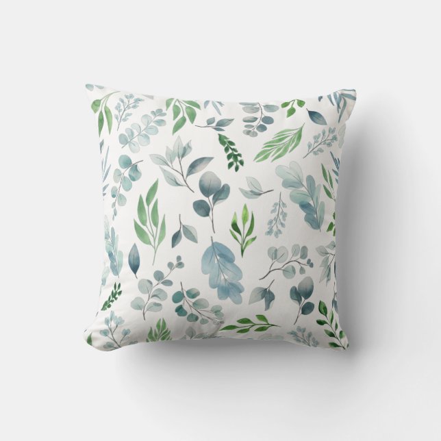 Watercolor Greenery Blue Green Leaves Botanical Cushion (Front)