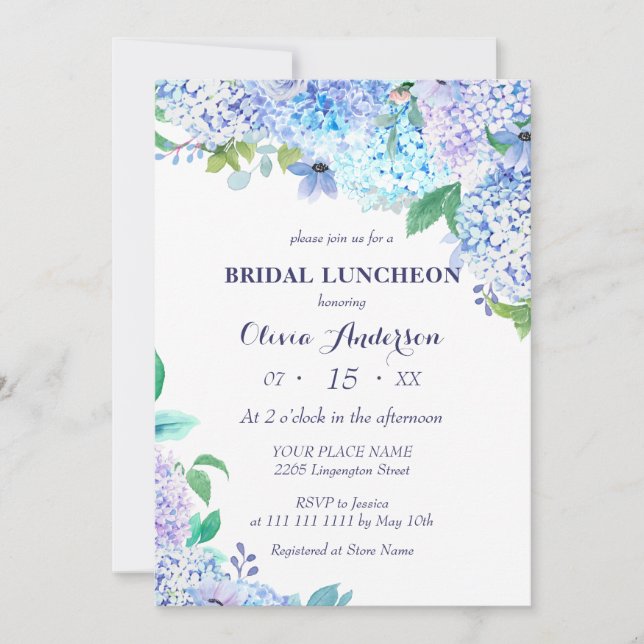 Watercolor Greenery Blue Hydrangea Bridal Luncheon Invitation (Front)
