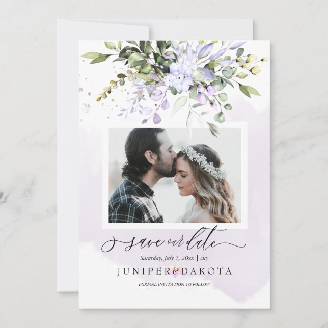 Watercolor Greenery Blush Pink Dusty Purple Invitation (Front)