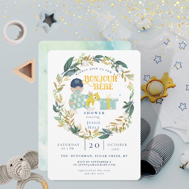 Watercolor Greenery Bonjour Boy Baby Shower Invitation (Cute Baby Boy Shower with 'Bonjour Baby' theme. Baseball cap and foliage wreath details.)