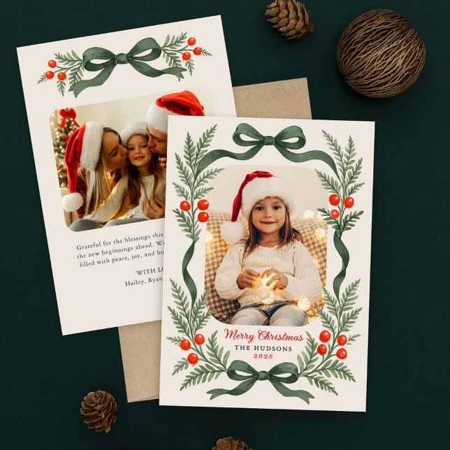 Watercolor Greenery Bow Merry Christmas Photo Holiday Card (Creator Uploaded)