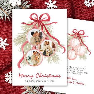 Watercolor Greenery Bow Ornament 3 Photo Christmas Holiday Card