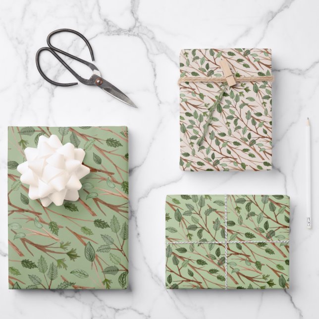 Watercolor Greenery Branches Wrapping Paper Sheet (Front)