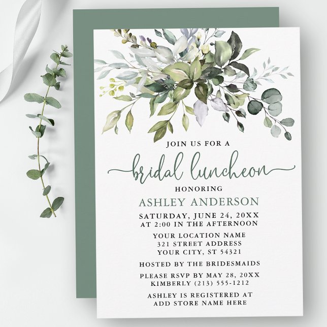 Watercolor Greenery Bridal Luncheon Sage Green Invitation (Customize to change your personalized text color, text style or color of back of card.)