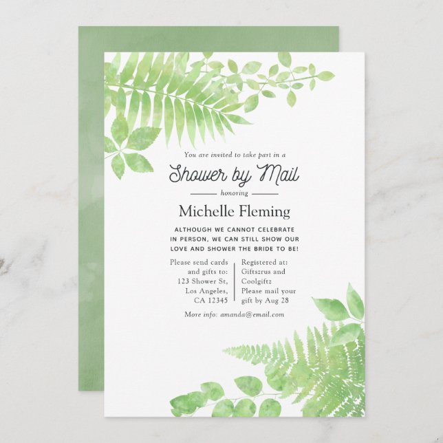 Watercolor Greenery Bridal Shower by Mail Invitation (Front/Back)