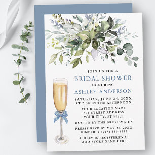 Watercolor Greenery Bridal Shower Dusty Blue Invitation