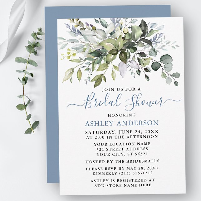 Watercolor Greenery Bridal Shower Dusty Blue  Invitation (Customize to change text color, text style or color of back of card.)