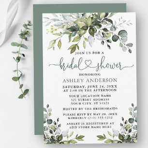 Watercolor Greenery Bridal Shower Sage Green Heart Invitation