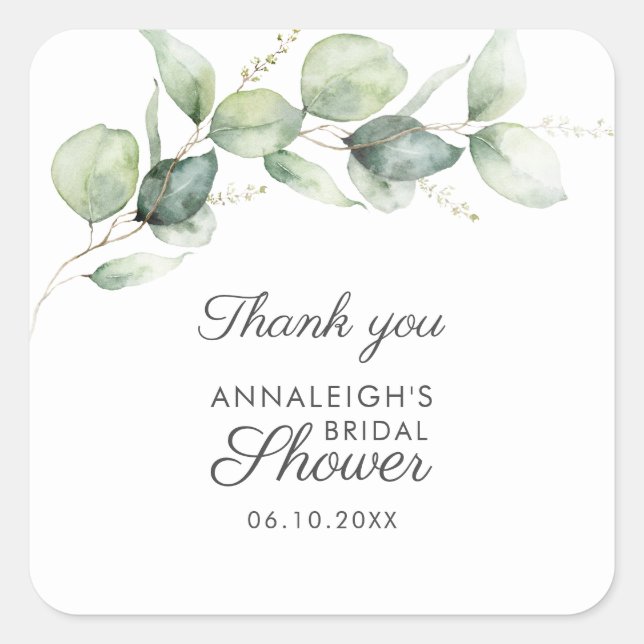 Watercolor Greenery Bridal Shower Thank You Square Sticker (Front)