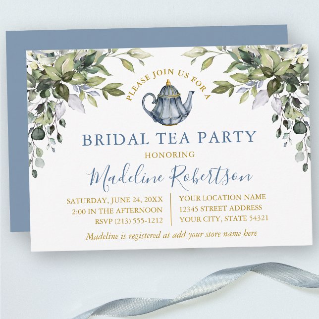Watercolor Greenery Bridal Tea Party Dusty Blue Invitation (Customize to change text color, text style or color of back of card.)